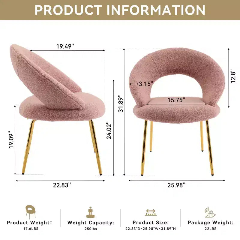 Lot de 1 chaises de salle à manger en tissu Teddy avec dossier incurvé et pieds en métal doré pour cuisine ou salle à manger, blanc