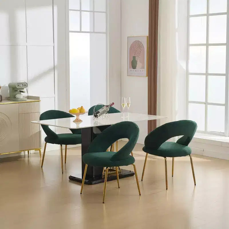 Lot de 1 chaises de salle à manger en tissu Teddy avec dossier incurvé et pieds en métal doré pour cuisine ou salle à manger, blanc