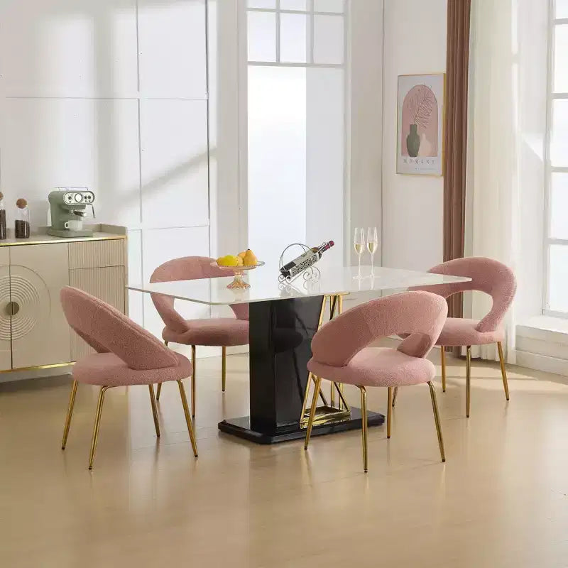 Lot de 1 chaises de salle à manger en tissu Teddy avec dossier incurvé et pieds en métal doré pour cuisine ou salle à manger, blanc