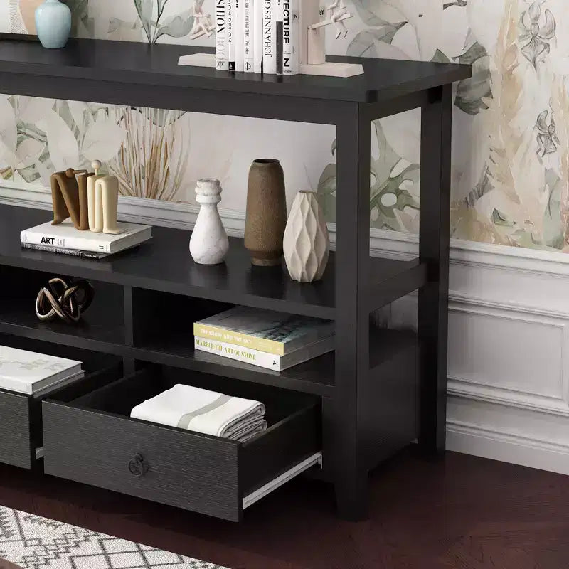Table d'entrée en MDF noire de 146,8 cm à 4 niveaux, 3 tiroirs et 3 compartiments