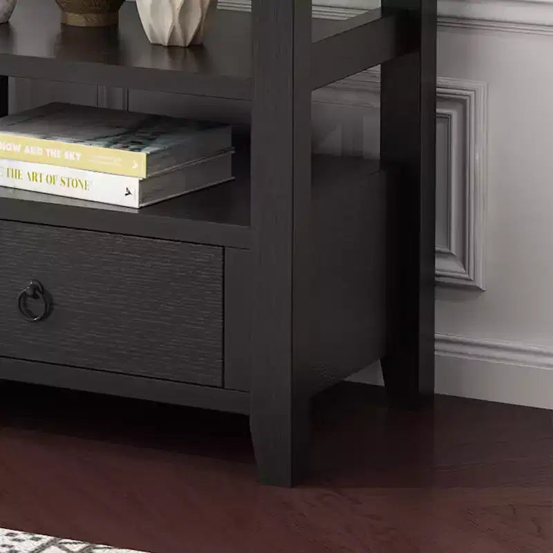 Table d'entrée en MDF noire de 146,8 cm à 4 niveaux, 3 tiroirs et 3 compartiments