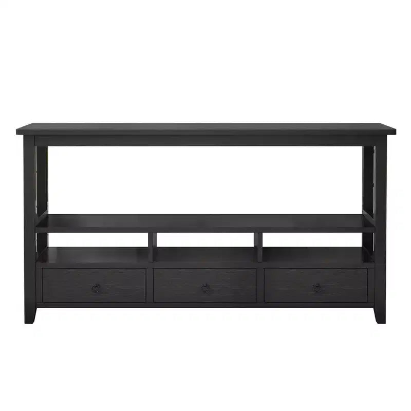 Table d'entrée en MDF noire de 146,8 cm à 4 niveaux, 3 tiroirs et 3 compartiments