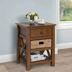 Table de chevet eHemco en bois massif avec tiroir, 2 étagères de rangement et panier en osier, 61 cm de haut – Idéale pour la maison, la chambre, le salon