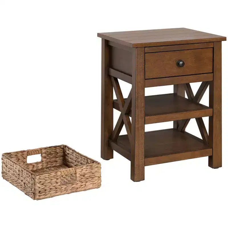 Table de chevet eHemco en bois massif avec tiroir, 2 étagères de rangement et panier en osier, 61 cm de haut – Idéale pour la maison, la chambre, le salon