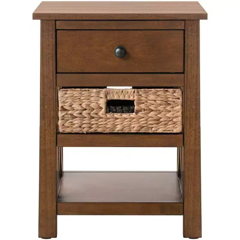 Table de chevet eHemco en bois massif avec tiroir, 2 étagères de rangement et panier en osier, 61 cm de haut – Idéale pour la maison, la chambre, le salon