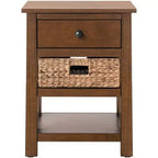 Table de chevet eHemco en bois massif avec tiroir, 2 étagères de rangement et panier en osier, 61 cm de haut – Idéale pour la maison, la chambre, le salon