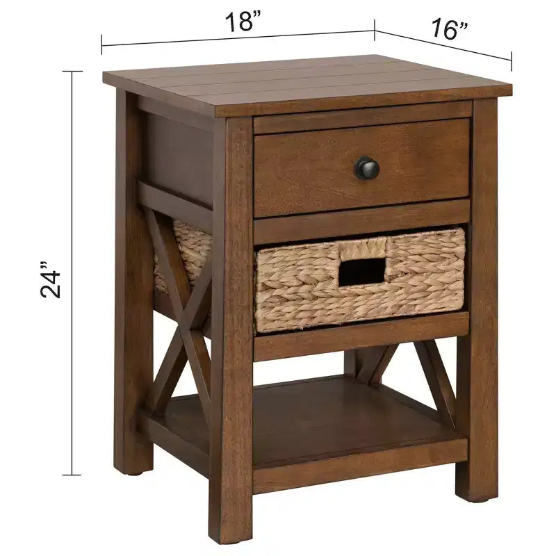 Table de chevet eHemco en bois massif avec tiroir, 2 étagères de rangement et panier en osier, 61 cm de haut – Idéale pour la maison, la chambre, le salon