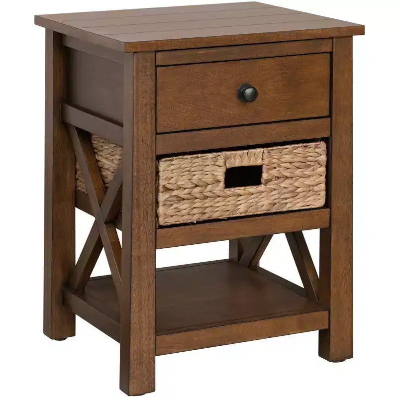 Table de chevet eHemco en bois massif avec tiroir, 2 étagères de rangement et panier en osier, 61 cm de haut – Idéale pour la maison, la chambre, le salon