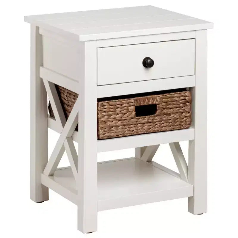 Table de chevet eHemco en bois massif avec tiroir, 2 étagères de rangement et panier en osier, 61 cm de haut – Idéale pour la maison, la chambre, le salon
