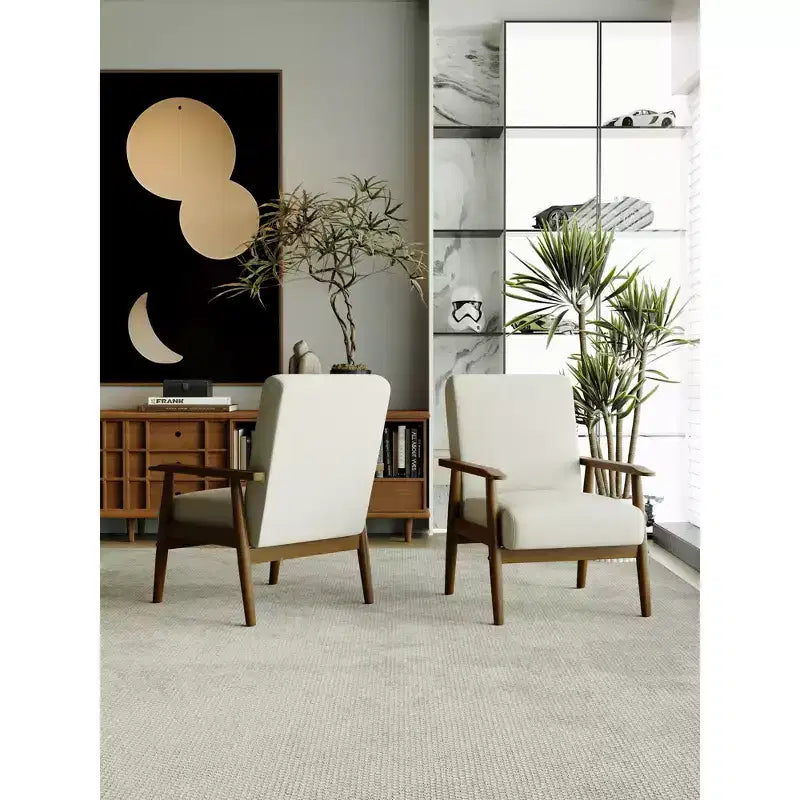 Tree City - Fauteuil d'appoint en lin de style Mid-Century avec cadre en bois massif, blanc cassé