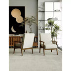 Tree City - Fauteuil d'appoint en lin de style Mid-Century avec cadre en bois massif, blanc cassé