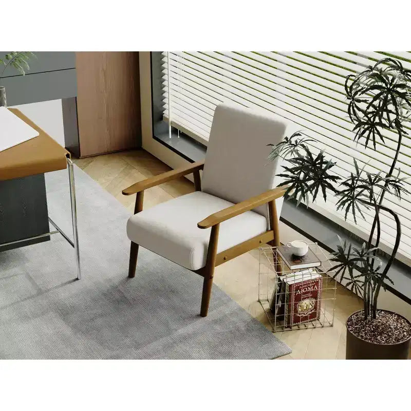 Tree City - Fauteuil d'appoint en lin de style Mid-Century avec cadre en bois massif, blanc cassé