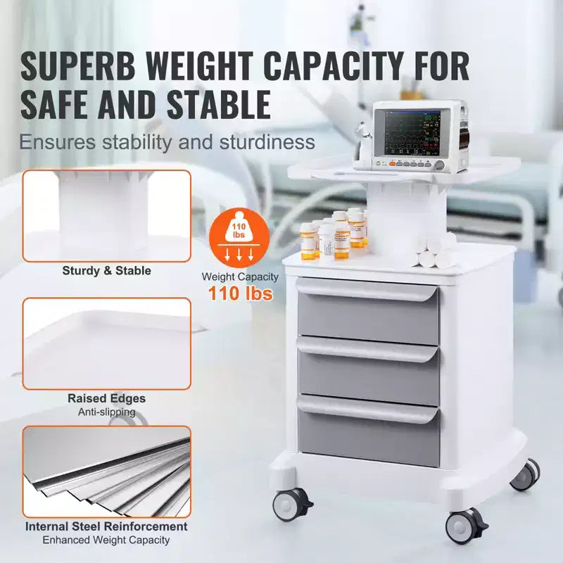Chariots de laboratoire VEVOR à 4 niveaux, chariot de laboratoire avec 3 tiroirs et 1 plateau supérieur, chariot médical mobile en ABS, chariot de laboratoire à roulettes
