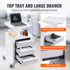Chariots de laboratoire VEVOR à 4 niveaux, chariot de laboratoire avec 3 tiroirs et 1 plateau supérieur, chariot médical mobile en ABS, chariot de laboratoire à roulettes