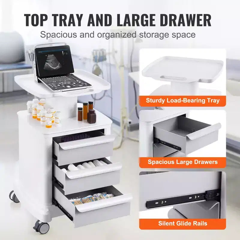 Chariots de laboratoire VEVOR à 4 niveaux, chariot de laboratoire avec 3 tiroirs et 1 plateau supérieur, chariot médical mobile en ABS, chariot de laboratoire à roulettes
