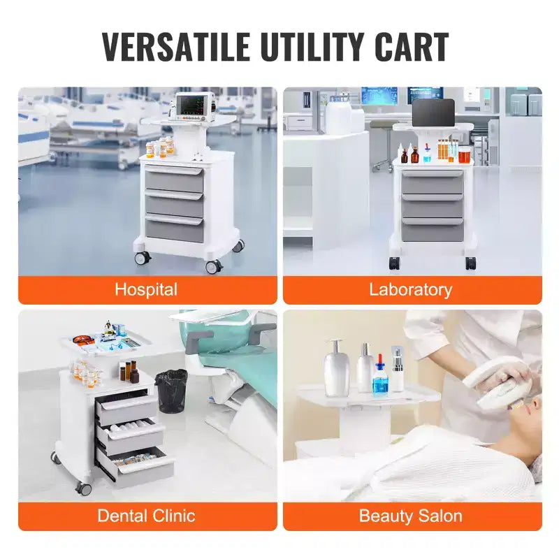 Chariots de laboratoire VEVOR à 4 niveaux, chariot de laboratoire avec 3 tiroirs et 1 plateau supérieur, chariot médical mobile en ABS, chariot de laboratoire à roulettes