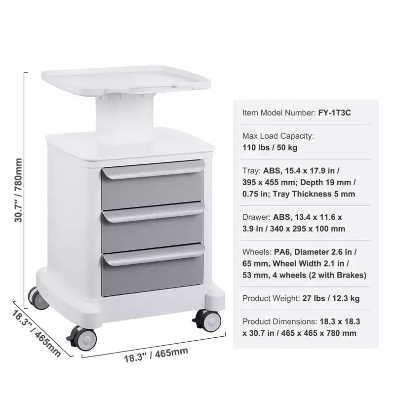 Chariots de laboratoire VEVOR à 4 niveaux, chariot de laboratoire avec 3 tiroirs et 1 plateau supérieur, chariot médical mobile en ABS, chariot de laboratoire à roulettes