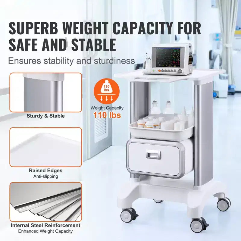 Chariot de laboratoire VEVOR à 2 niveaux, chariot de laboratoire avec 1 tiroir et 1 plateau supérieur, chariot médical mobile en ABS, chariot de laboratoire à roulettes