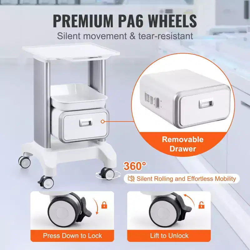 Chariot de laboratoire VEVOR à 2 niveaux, chariot de laboratoire avec 1 tiroir et 1 plateau supérieur, chariot médical mobile en ABS, chariot de laboratoire à roulettes