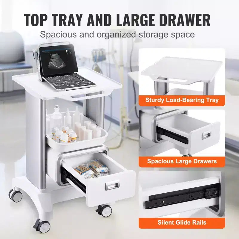 Chariot de laboratoire VEVOR à 2 niveaux, chariot de laboratoire avec 1 tiroir et 1 plateau supérieur, chariot médical mobile en ABS, chariot de laboratoire à roulettes