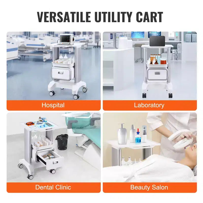 Chariot de laboratoire VEVOR à 2 niveaux, chariot de laboratoire avec 1 tiroir et 1 plateau supérieur, chariot médical mobile en ABS, chariot de laboratoire à roulettes