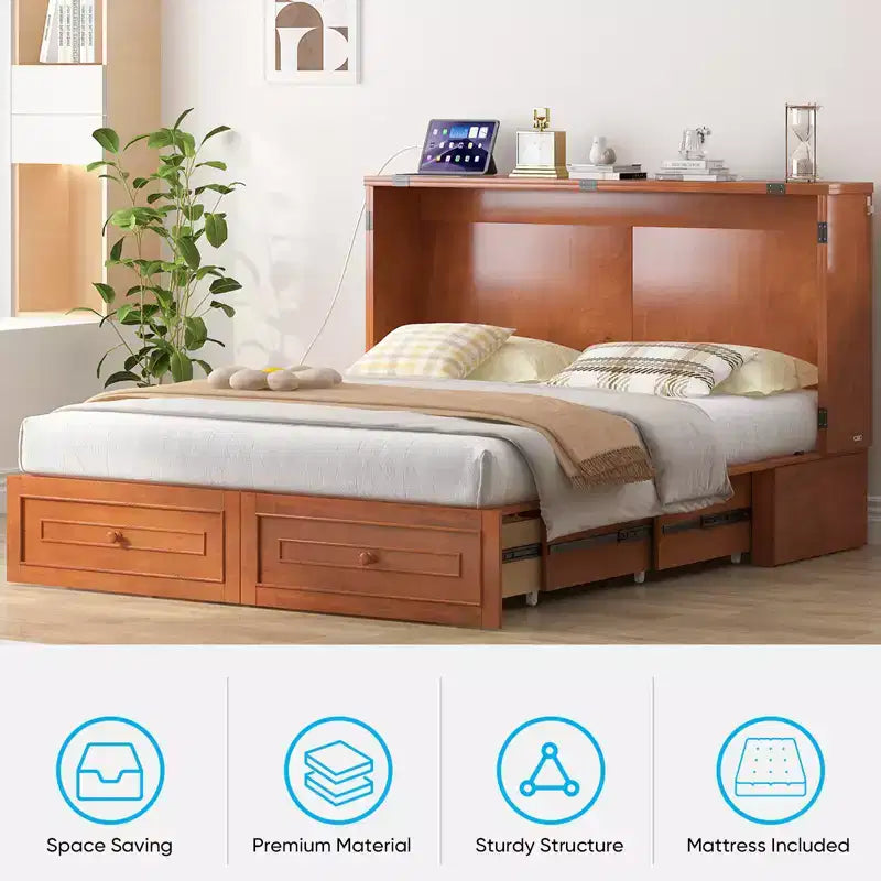 Lit escamotable multifonctionnel Mjkone Queen Size avec station de recharge USB, tiroirs et matelas pliant en trois.