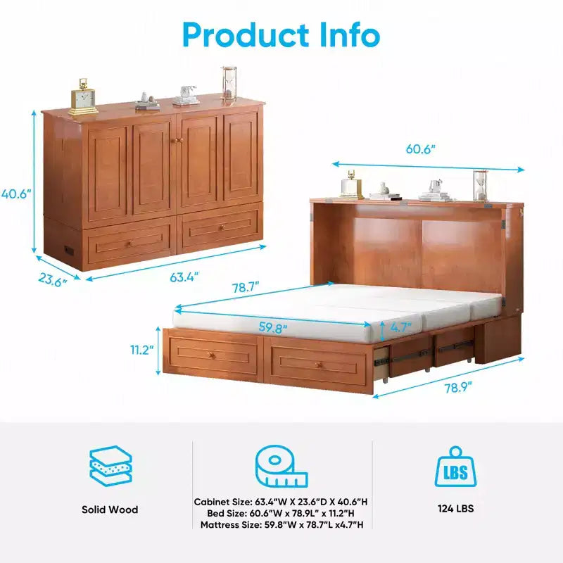 Lit escamotable multifonctionnel Mjkone Queen Size avec station de recharge USB, tiroirs et matelas pliant en trois.