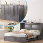 Lit escamotable multifonctionnel Mjkone Queen Size avec station de recharge USB, tiroirs et matelas pliant en trois.