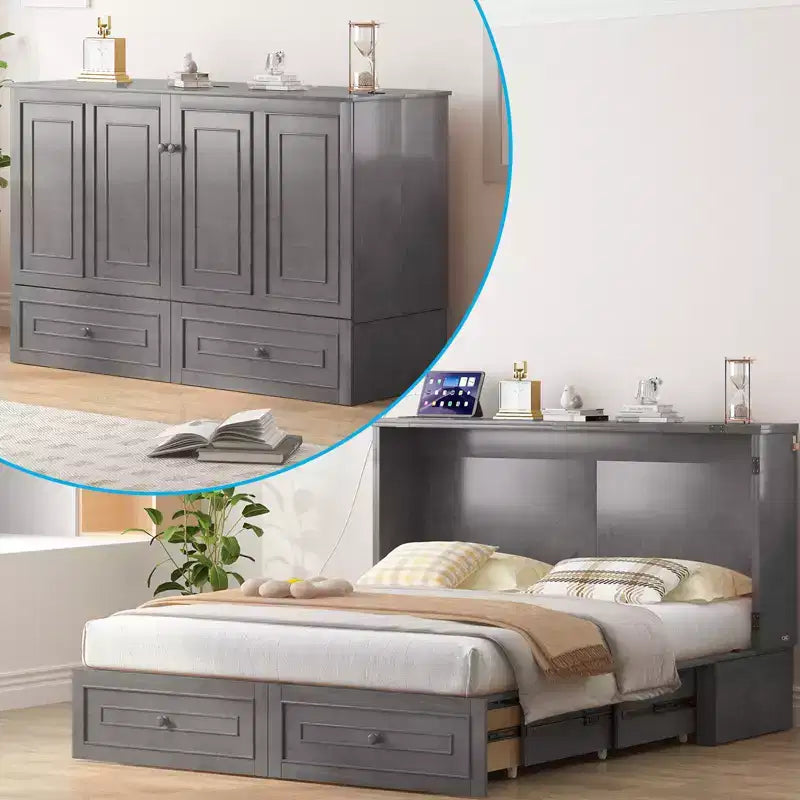 Lit escamotable multifonctionnel Mjkone Queen Size avec station de recharge USB, tiroirs et matelas pliant en trois.