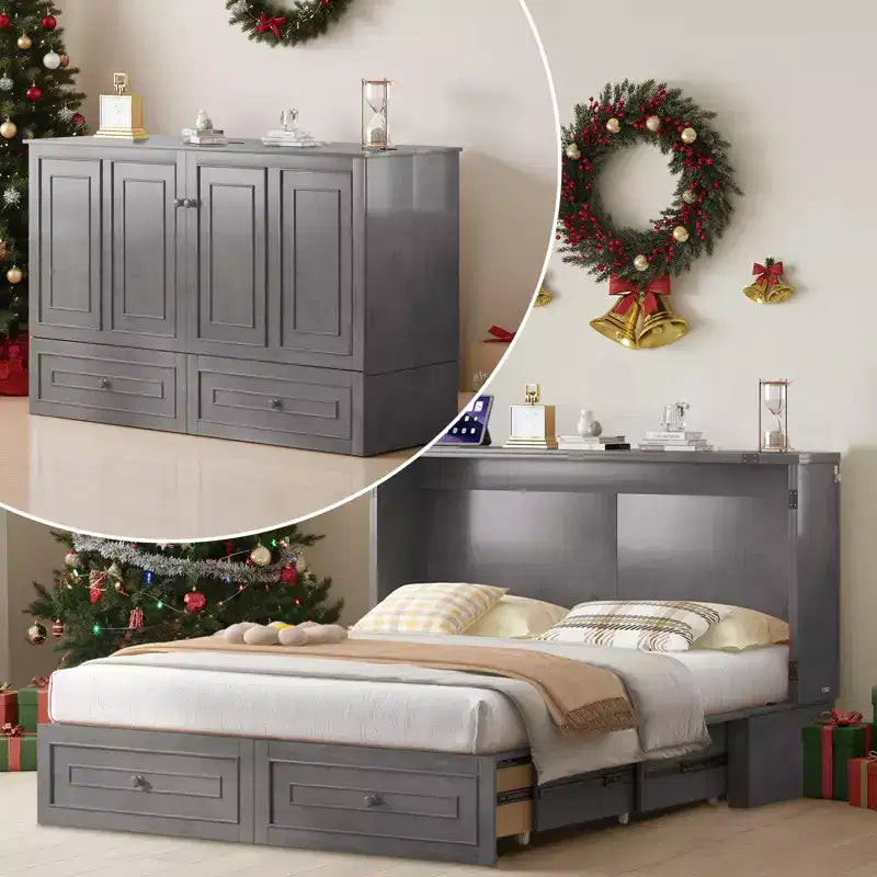 Lit escamotable multifonctionnel Mjkone Queen Size avec station de recharge USB, tiroirs et matelas pliant en trois.