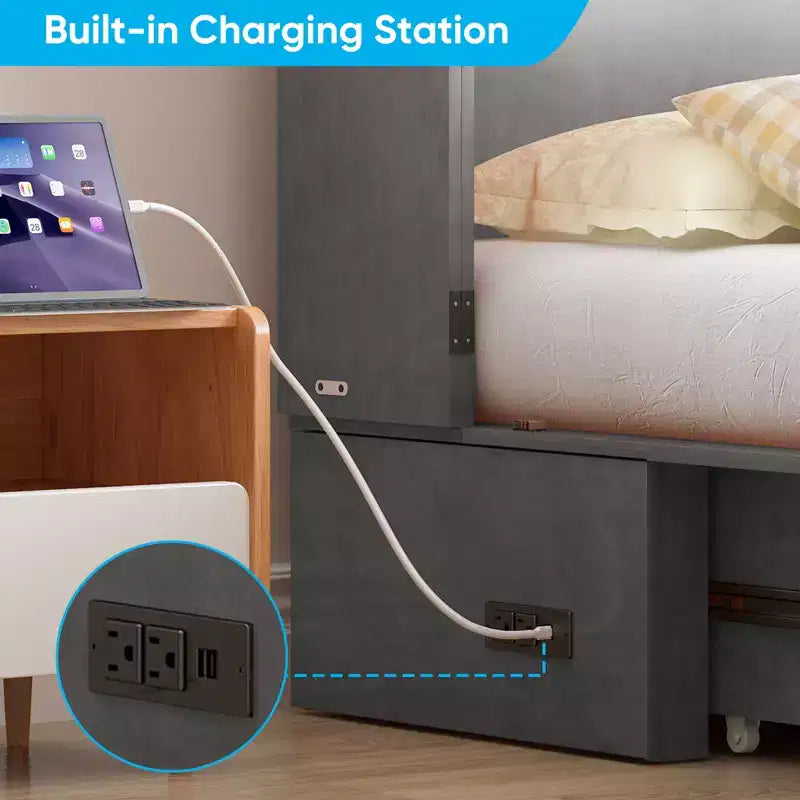 Lit escamotable multifonctionnel Mjkone Queen Size avec station de recharge USB, tiroirs et matelas pliant en trois.