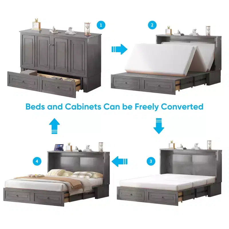 Lit escamotable multifonctionnel Mjkone Queen Size avec station de recharge USB, tiroirs et matelas pliant en trois.