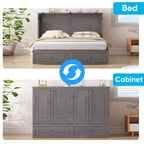 Lit escamotable multifonctionnel Mjkone Queen Size avec station de recharge USB, tiroirs et matelas pliant en trois.
