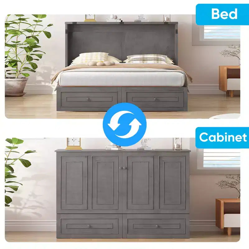 Lit escamotable multifonctionnel Mjkone Queen Size avec station de recharge USB, tiroirs et matelas pliant en trois.