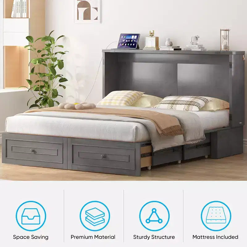 Lit escamotable multifonctionnel Mjkone Queen Size avec station de recharge USB, tiroirs et matelas pliant en trois.