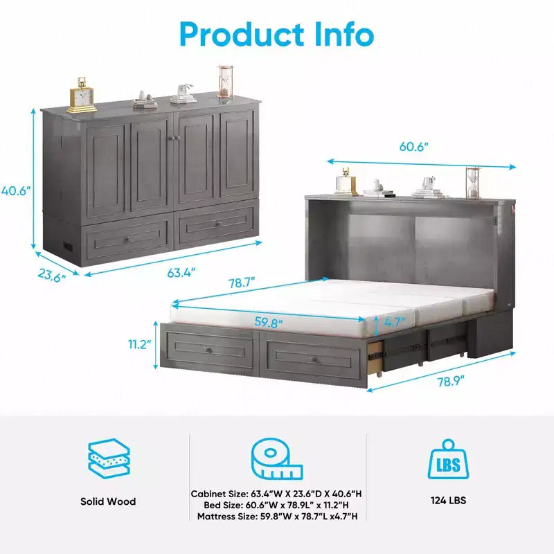 Lit escamotable multifonctionnel Mjkone Queen Size avec station de recharge USB, tiroirs et matelas pliant en trois.