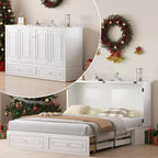 Lit escamotable multifonctionnel Mjkone Queen Size avec station de recharge USB, tiroirs et matelas pliant en trois.