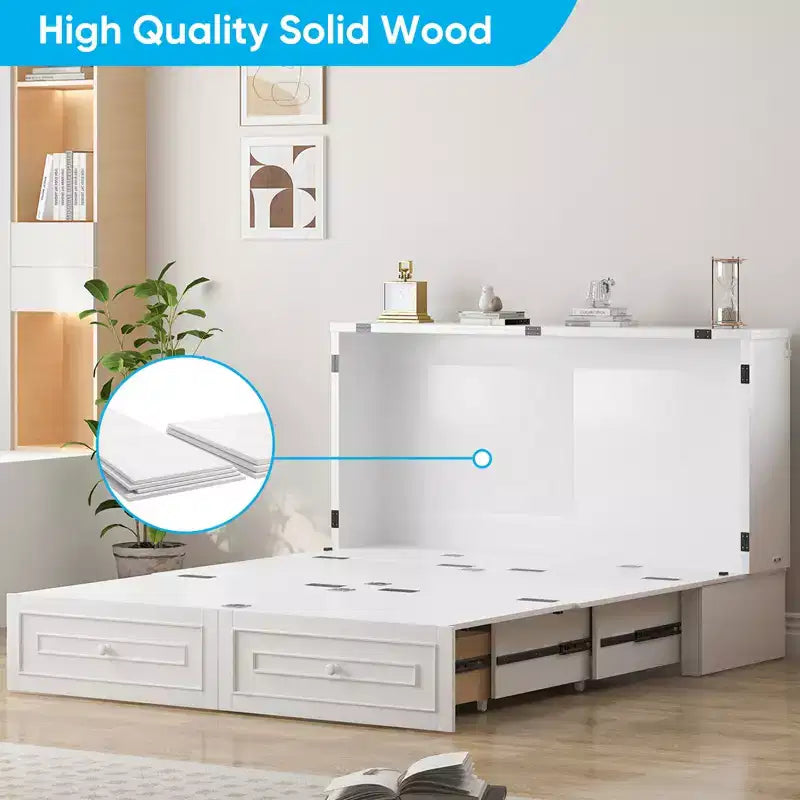 Lit escamotable multifonctionnel Mjkone Queen Size avec station de recharge USB, tiroirs et matelas pliant en trois.
