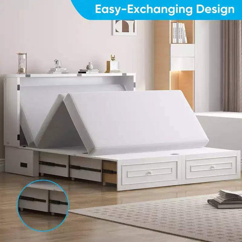 Lit escamotable multifonctionnel Mjkone Queen Size avec station de recharge USB, tiroirs et matelas pliant en trois.