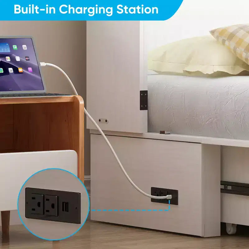 Lit escamotable multifonctionnel Mjkone Queen Size avec station de recharge USB, tiroirs et matelas pliant en trois.