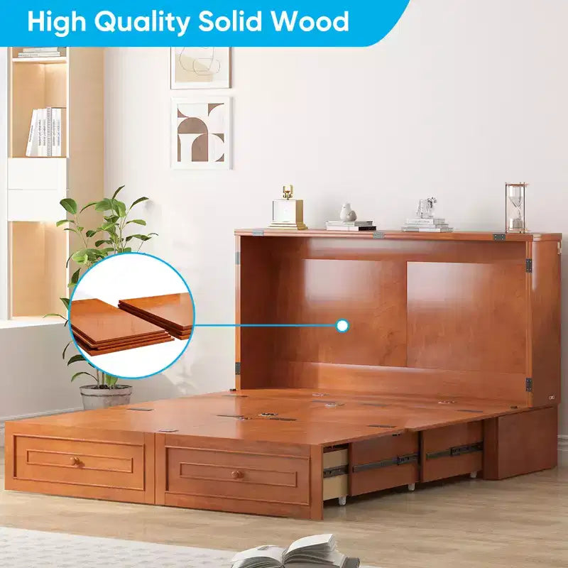 Lit escamotable multifonctionnel Mjkone Queen Size avec station de recharge USB, tiroirs et matelas pliant en trois.
