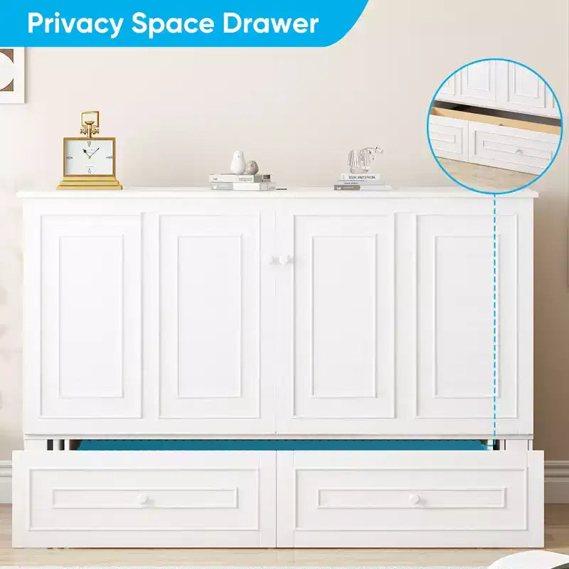 Lit escamotable multifonctionnel Mjkone Queen Size avec station de recharge USB, tiroirs et matelas pliant en trois.