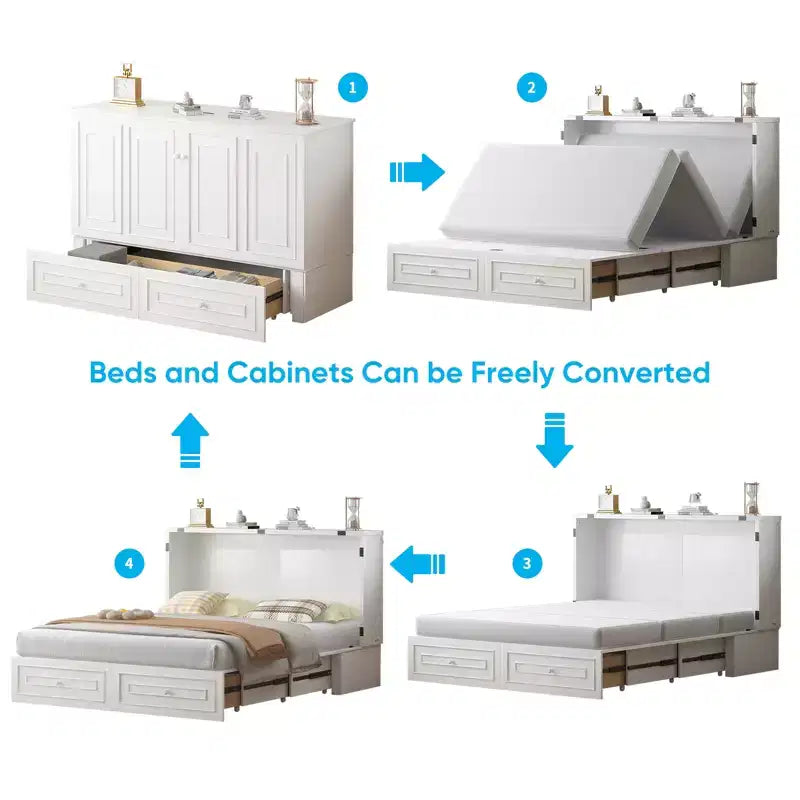 Lit escamotable multifonctionnel Mjkone Queen Size avec station de recharge USB, tiroirs et matelas pliant en trois.