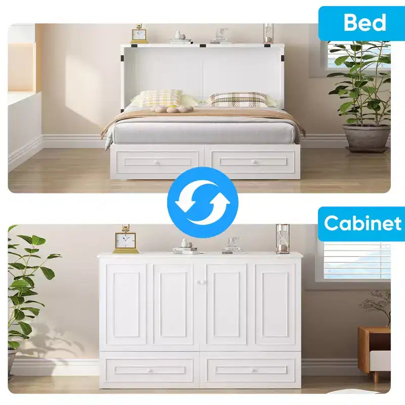 Lit escamotable multifonctionnel Mjkone Queen Size avec station de recharge USB, tiroirs et matelas pliant en trois.