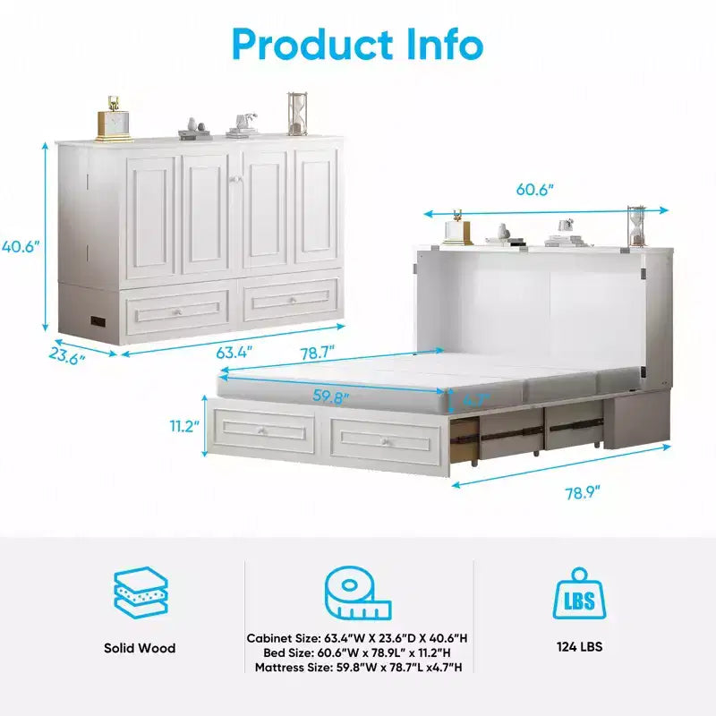 Lit escamotable multifonctionnel Mjkone Queen Size avec station de recharge USB, tiroirs et matelas pliant en trois.