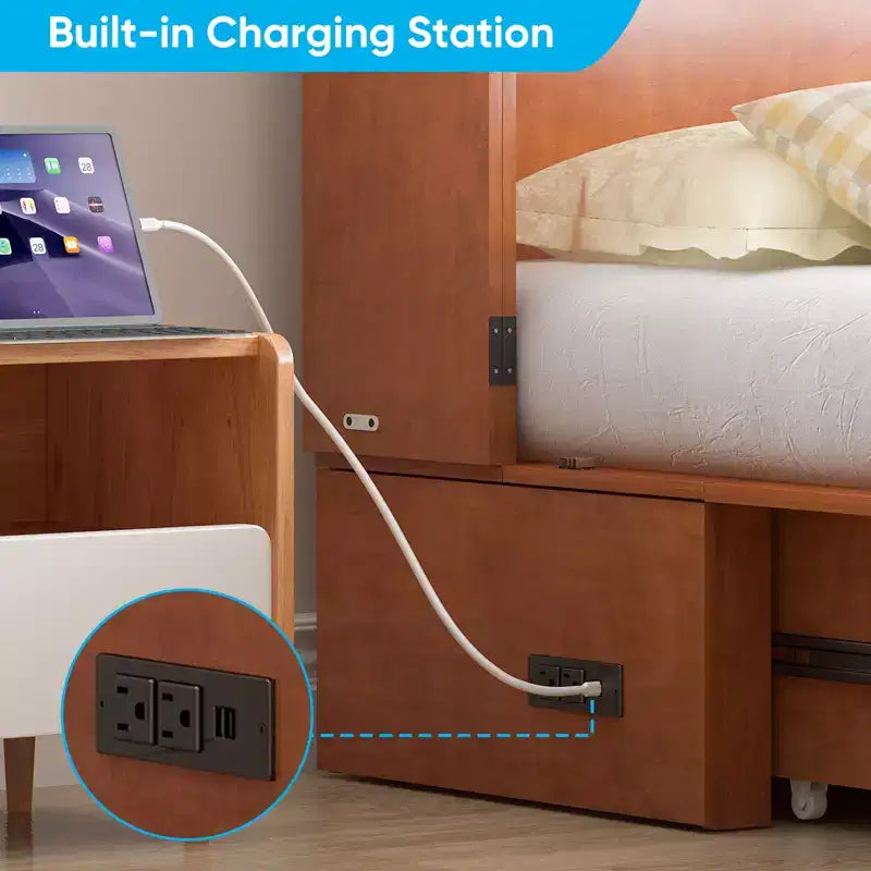 Lit escamotable multifonctionnel Mjkone Queen Size avec station de recharge USB, tiroirs et matelas pliant en trois.