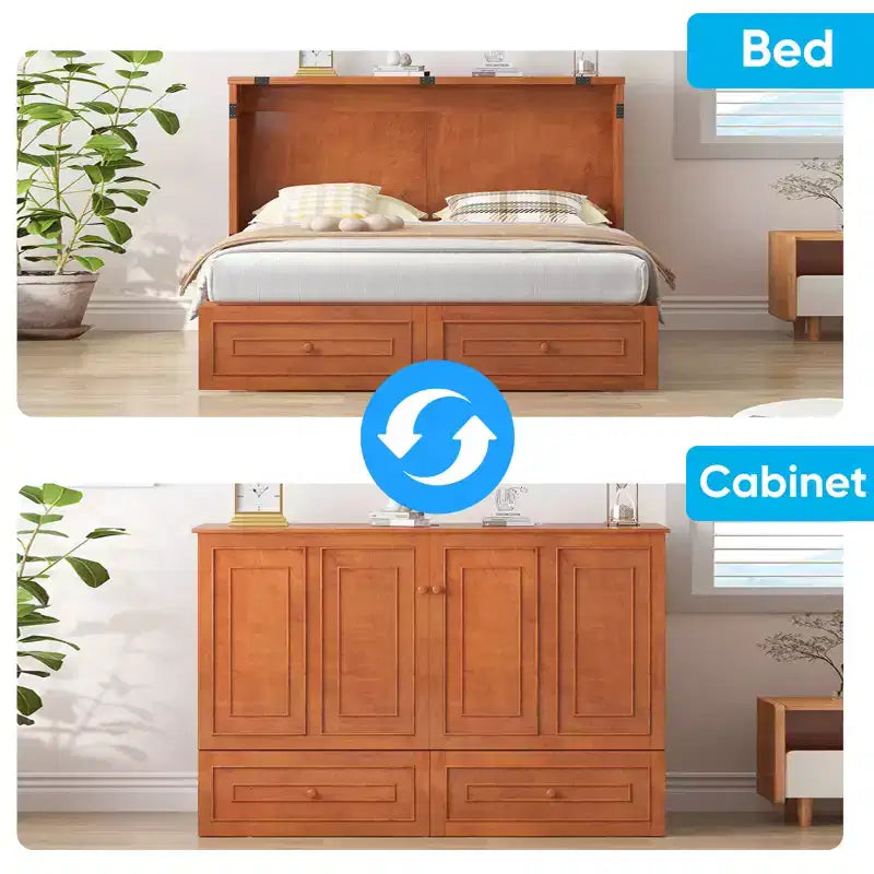 Lit escamotable multifonctionnel Mjkone Queen Size avec station de recharge USB, tiroirs et matelas pliant en trois.