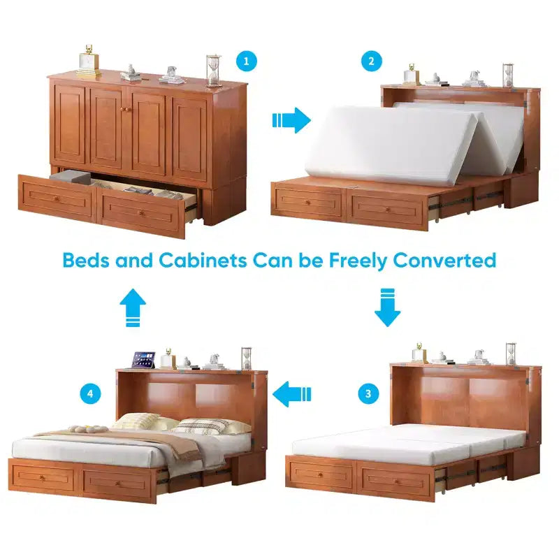 Lit escamotable multifonctionnel Mjkone Queen Size avec station de recharge USB, tiroirs et matelas pliant en trois.