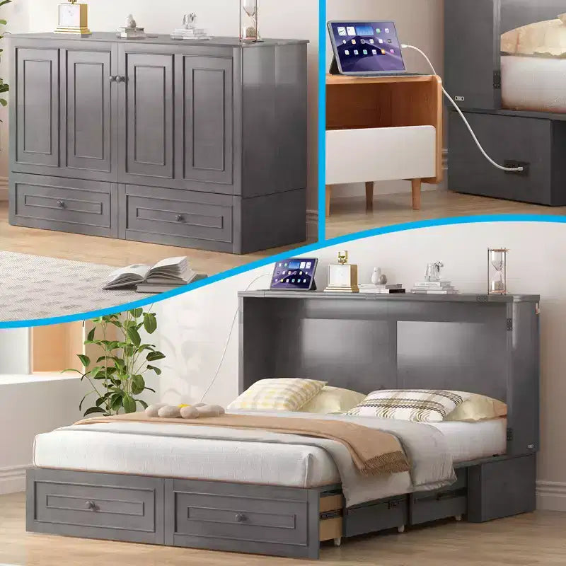 Lit escamotable multifonctionnel Mjkone Queen Size avec station de recharge USB, tiroirs et matelas pliant en trois.