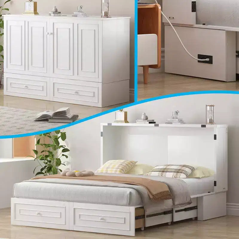 Lit escamotable multifonctionnel Mjkone Queen Size avec station de recharge USB, tiroirs et matelas pliant en trois.